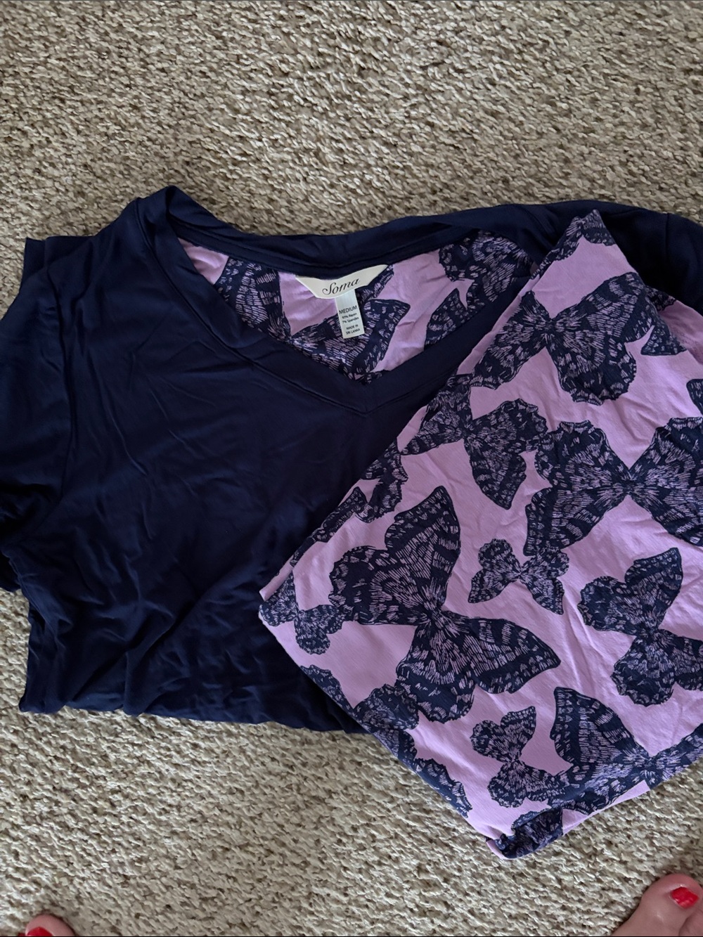 Soma Navy V-Neck Top with Pink Butterfly Print Pajama Pants